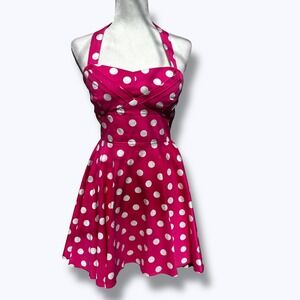 Vintage IXIA Pink Halter Rockabilly Polkadot Pinup Swing Dress Y2K Size M Retro